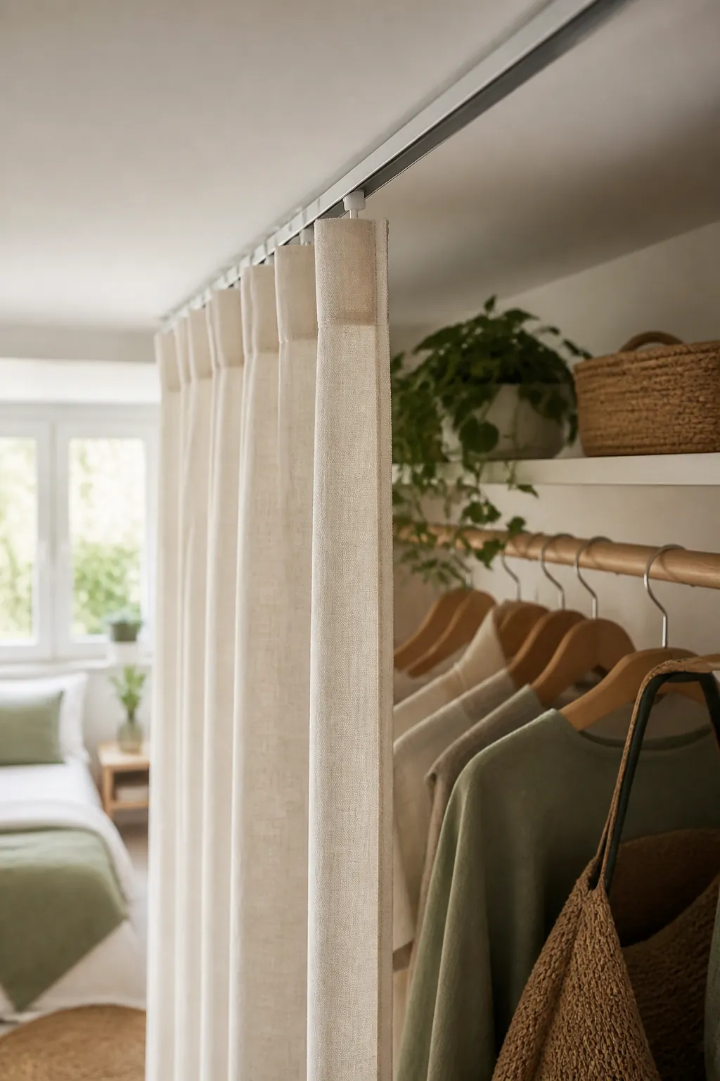 A linen curtain on a ceiling track drawn half across a garment rack hiding the clothes behind