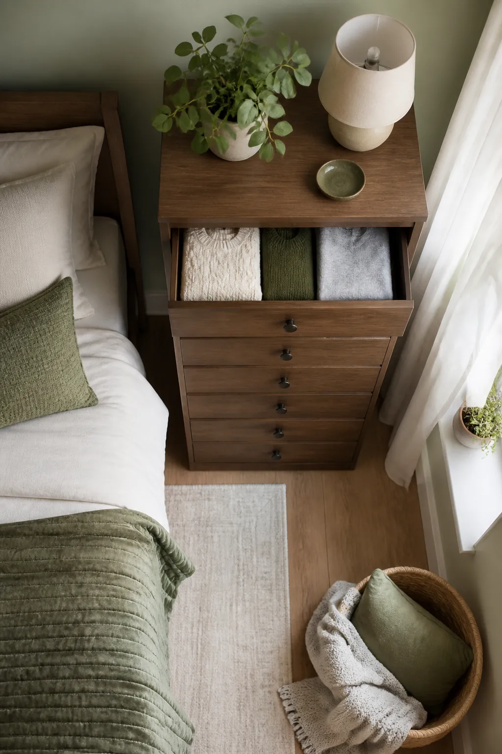 A narrow six-drawer tallboy dresser with its top drawer open showing folded clothes