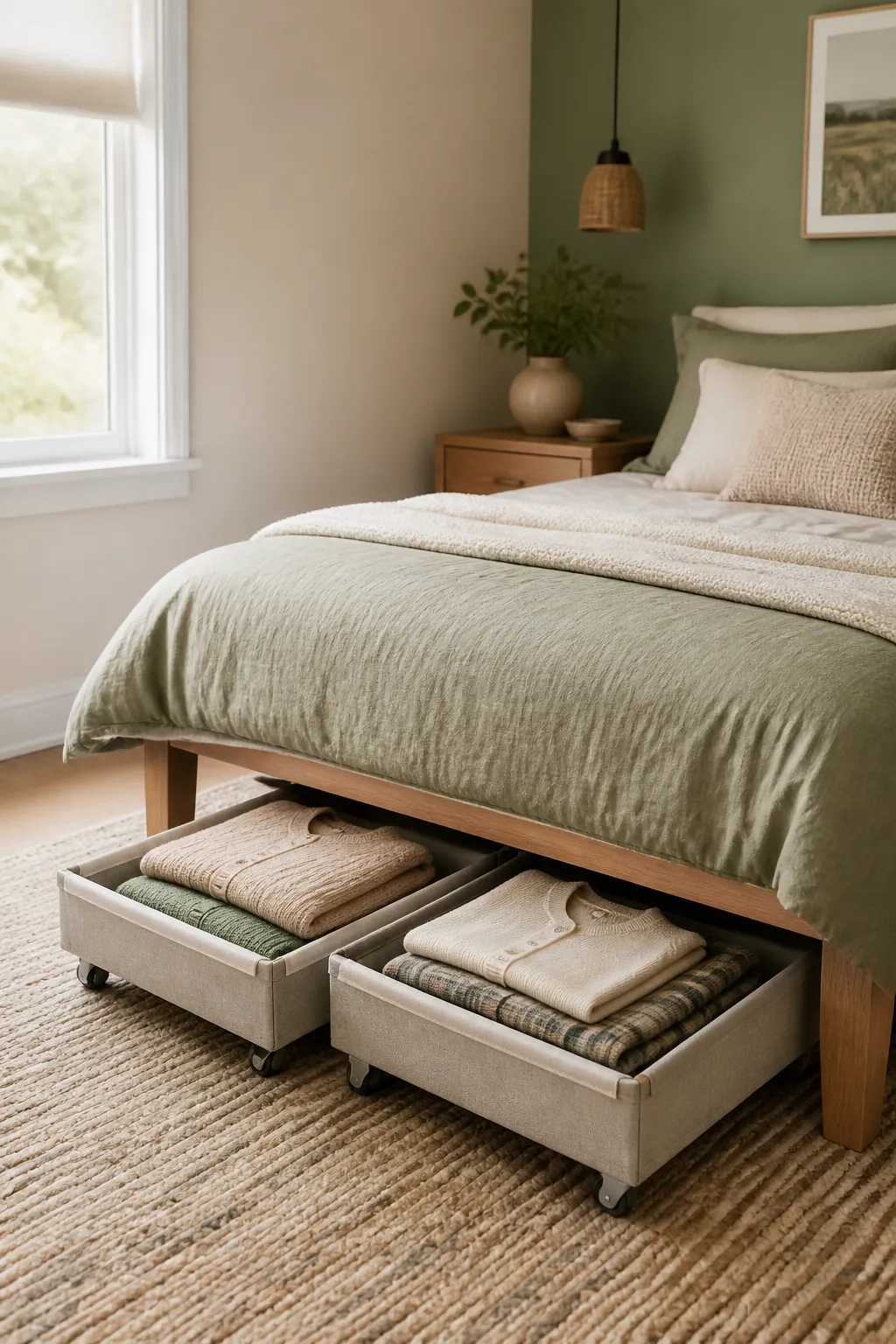 Two low-profile wheeled bins rolled out from under a bed holding folded off-season clothes