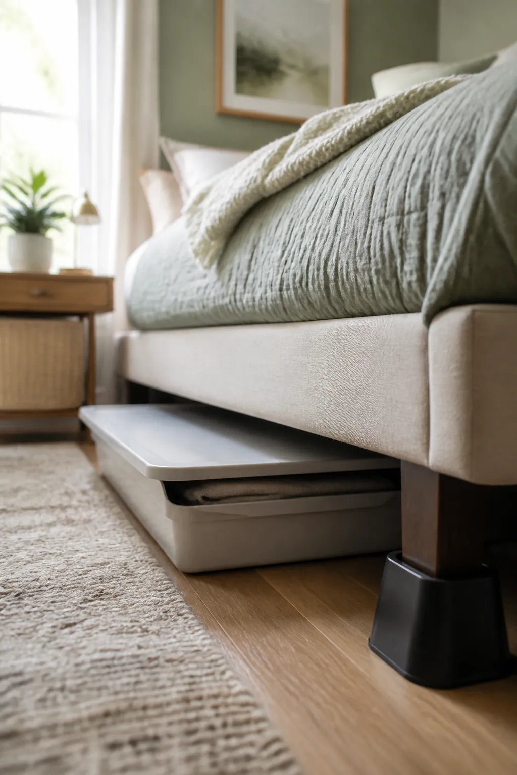 A bed leg raised on a riser showing the increased clearance beneath with a bin sliding under