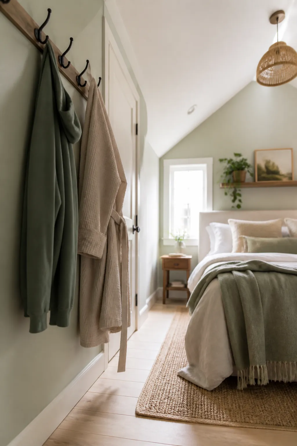 A row of sturdy hooks on a rail beside a bedroom door holding a robe and a hoodie