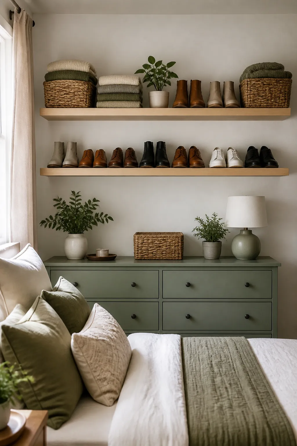 Two floating shelves high above a dresser holding baskets of folded knits and a row of shoes