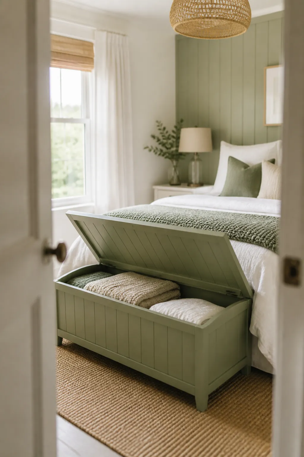 A hinged-lid storage bench at the foot of a bed with its lid raised showing folded blankets