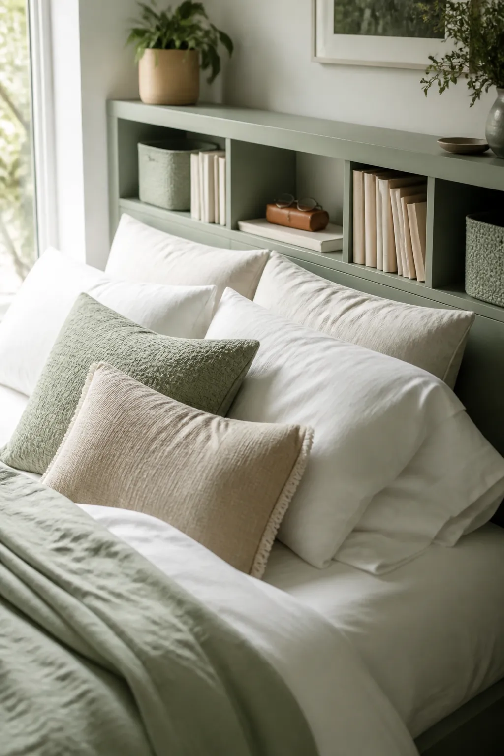 A bookcase-style headboard behind the pillows holding books, a glasses case and small bins