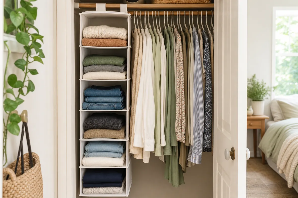Hanging six-shelf fabric tower beside slim hangers in a narrow reach-in closet, a core small closet organization move for renters