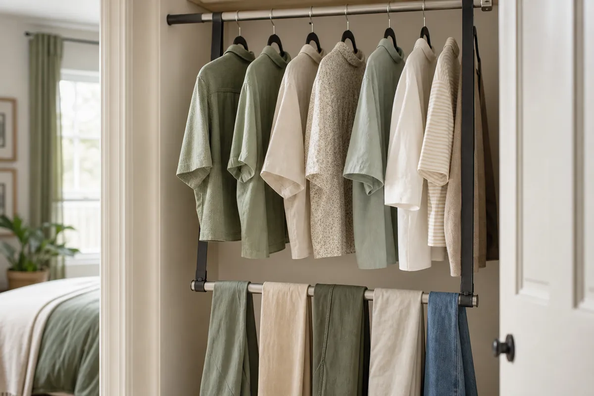 Clip-on second closet rod under short shirts on velvet slim hangers, doubling hanging space in a small closet