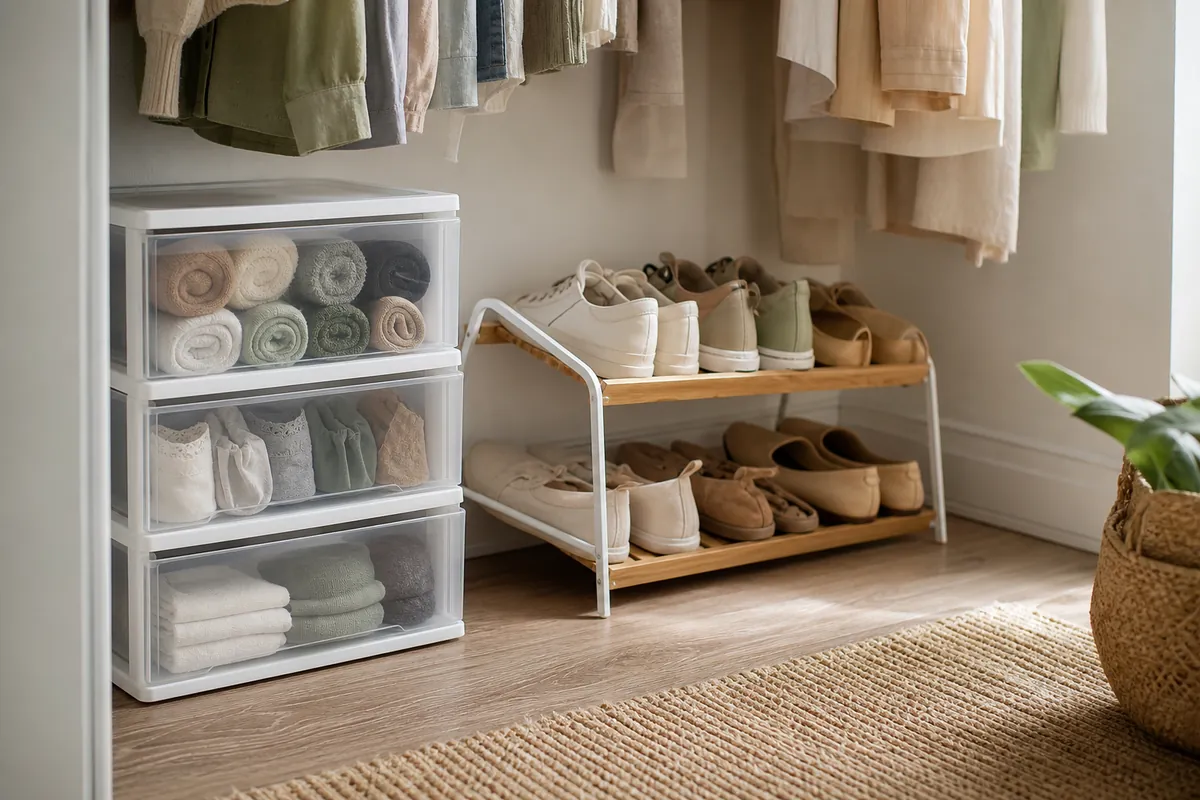 Clear stacking drawers and a slim shoe rack on a small closet floor, keeping socks and shoes visible and off the ground