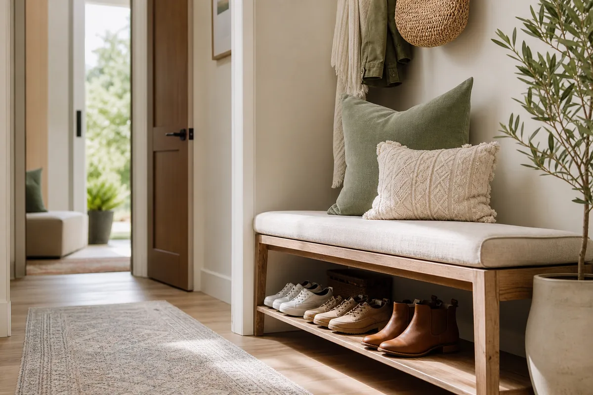A narrow entryway bench with shoes stored underneath, placed where shoes are taken off by the door