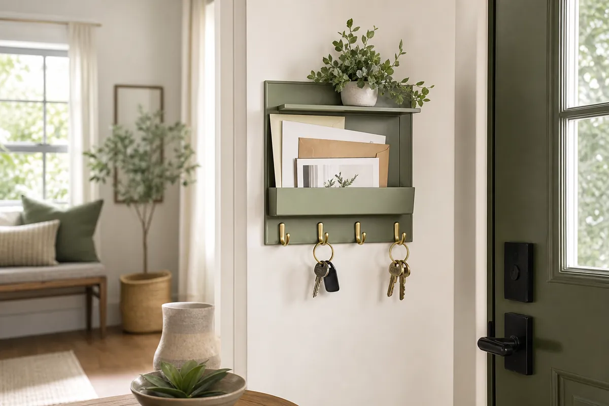 A wall-mounted key and mail organizer beside an apartment door holding post in the slot and keys on the hooks