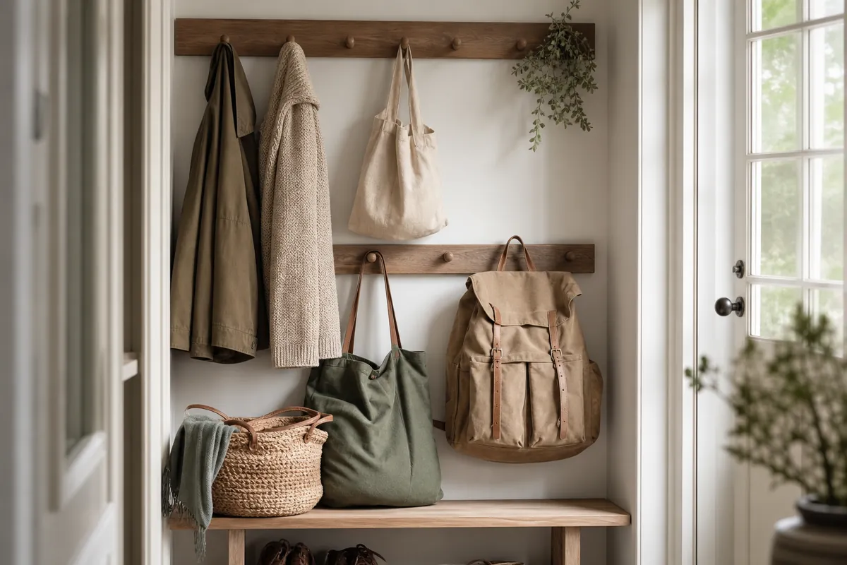 A row of entryway wall hooks at two heights holding coats and bags in a small apartment hallway