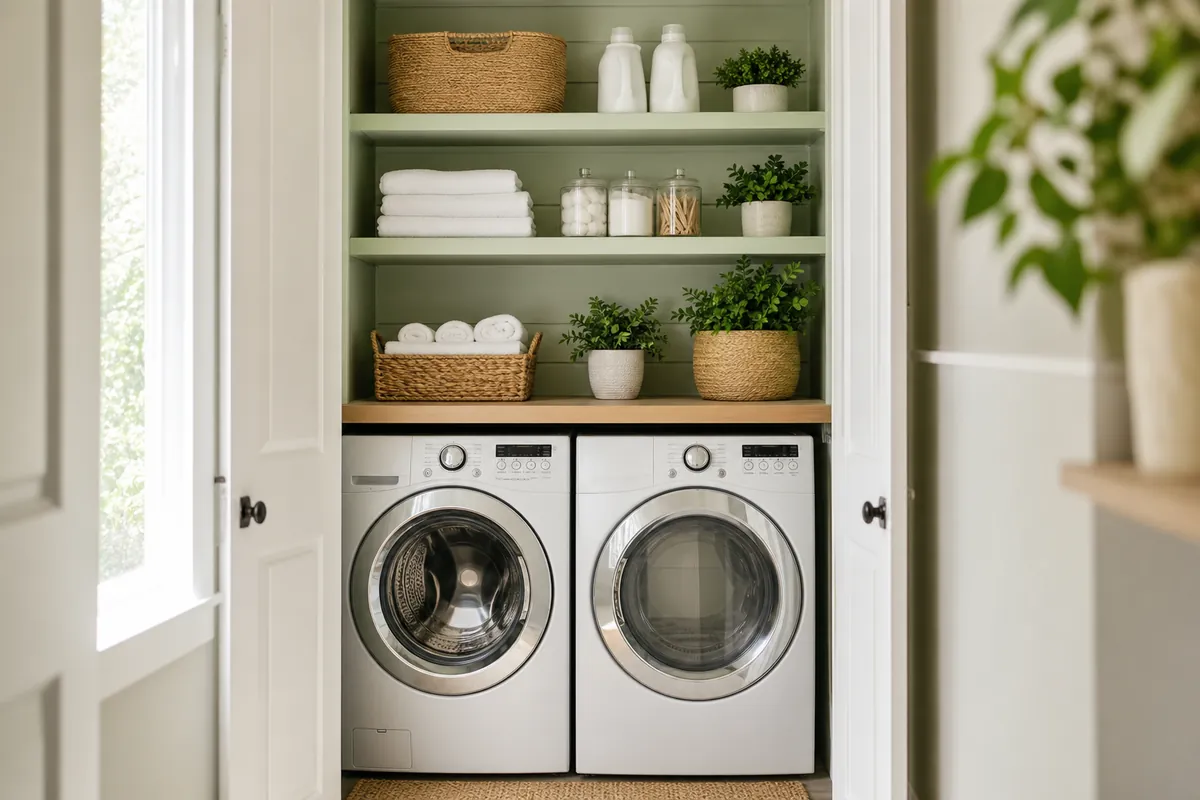 A shelf unit fitted above a washer and dryer in a narrow laundry closet holding detergent and supplies