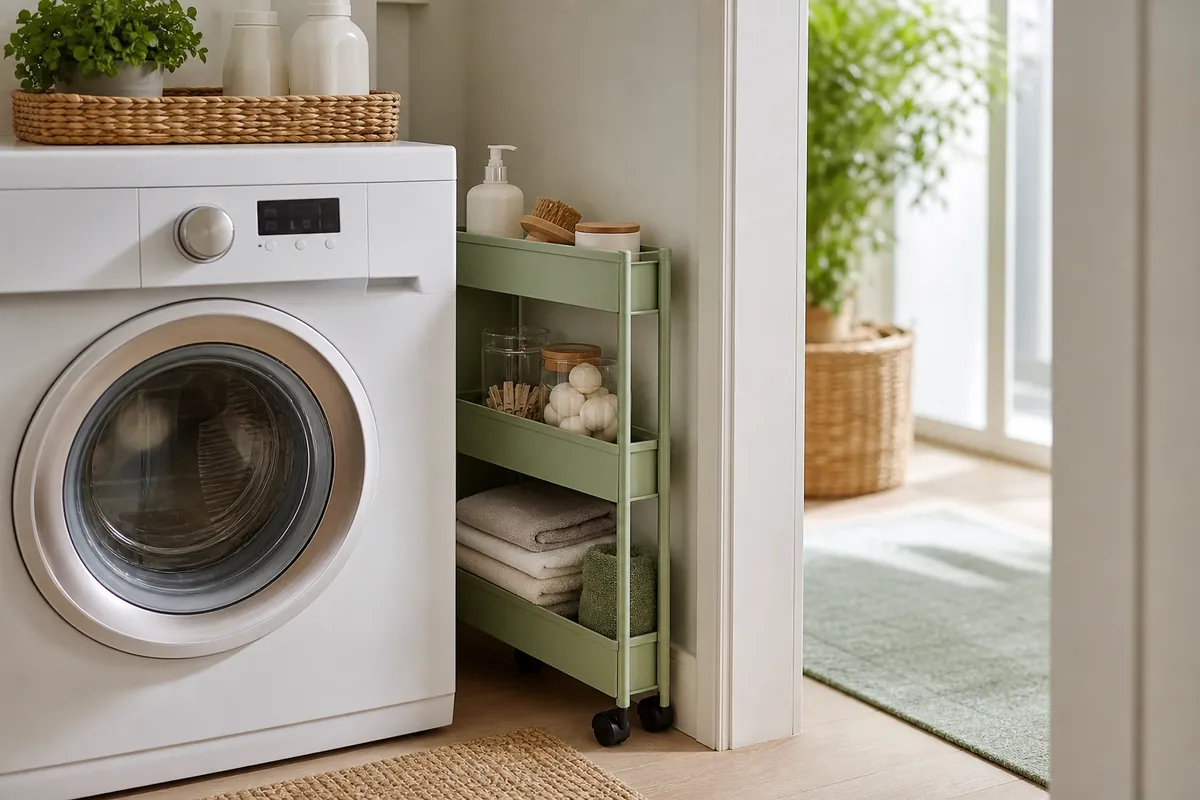 A slim rolling cart pulled out of the narrow gap beside a washing machine in a laundry closet