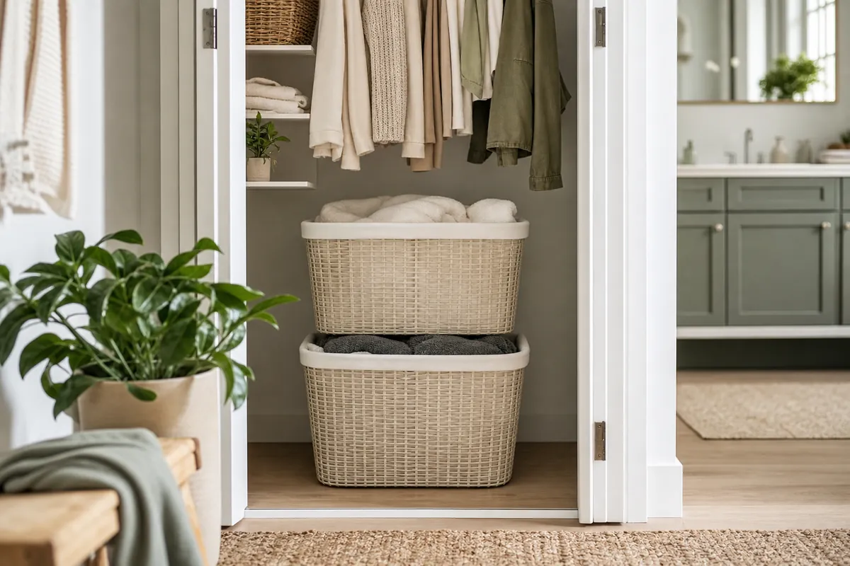 Two labelled hampers stacked in a laundry closet keeping sorted washing contained in a small footprint