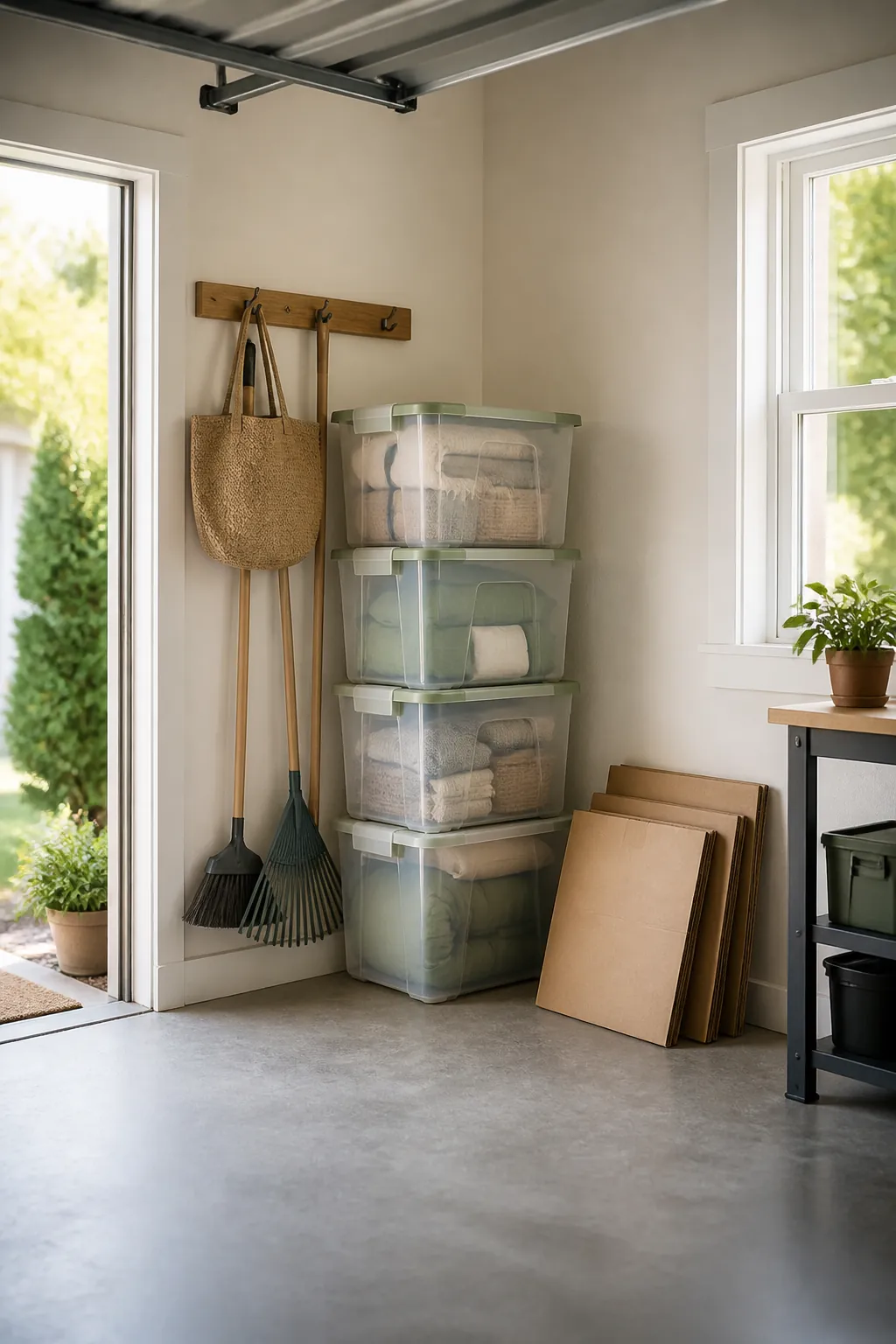 Clear stackable storage bins stacked four high in a garage corner beside flattened cardboard moving boxes