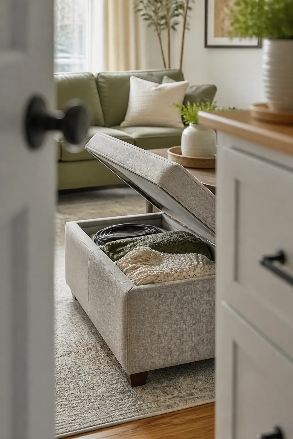 A storage ottoman with its lid lifted open in a living room, throw blankets and cables tucked inside