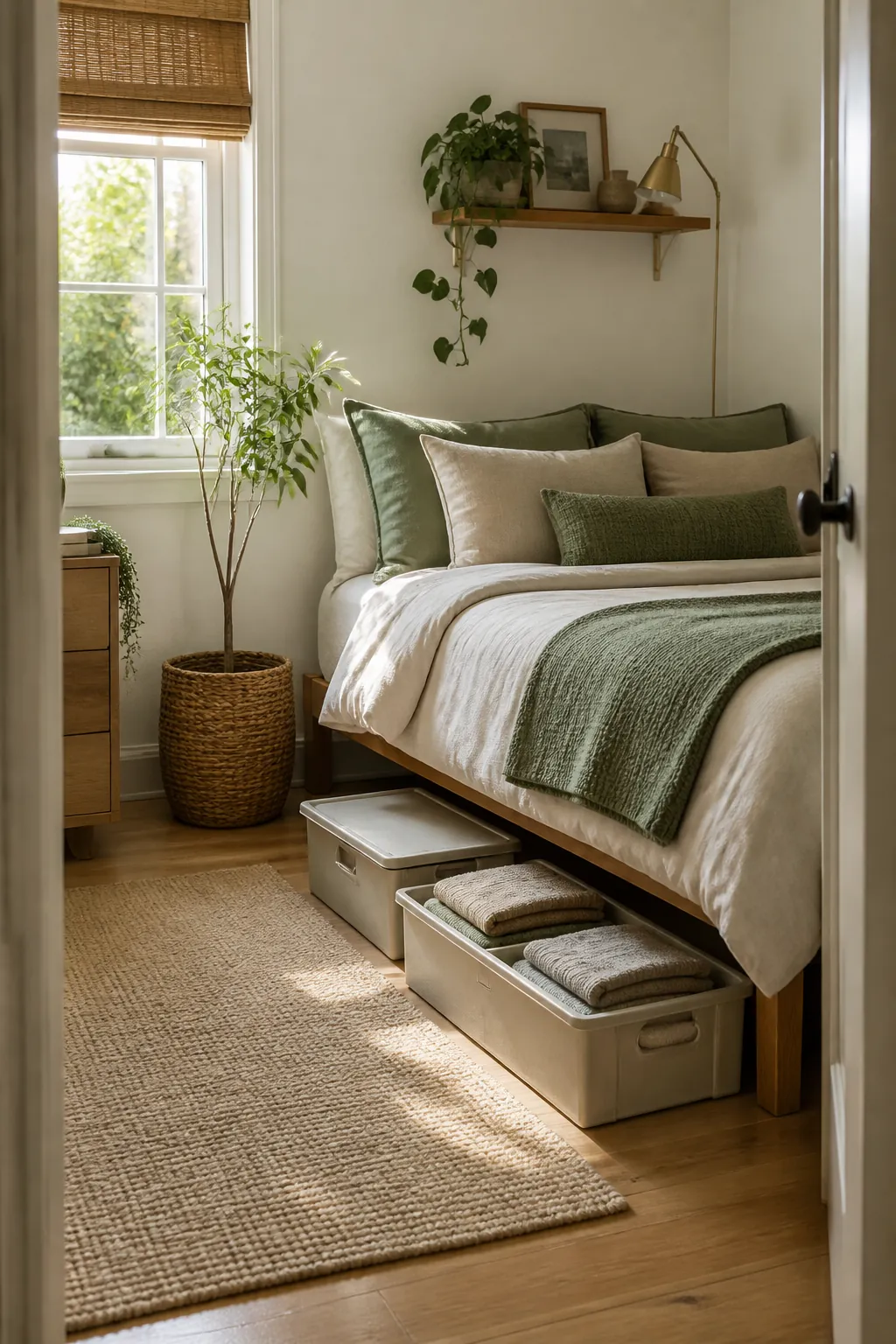 Lidded under-bed storage bins pulled partway out from under a bed frame with folded sweaters visible inside