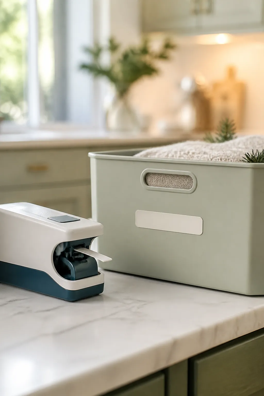 A label maker on a kitchen counter next to a storage bin freshly labeled holiday in bold text