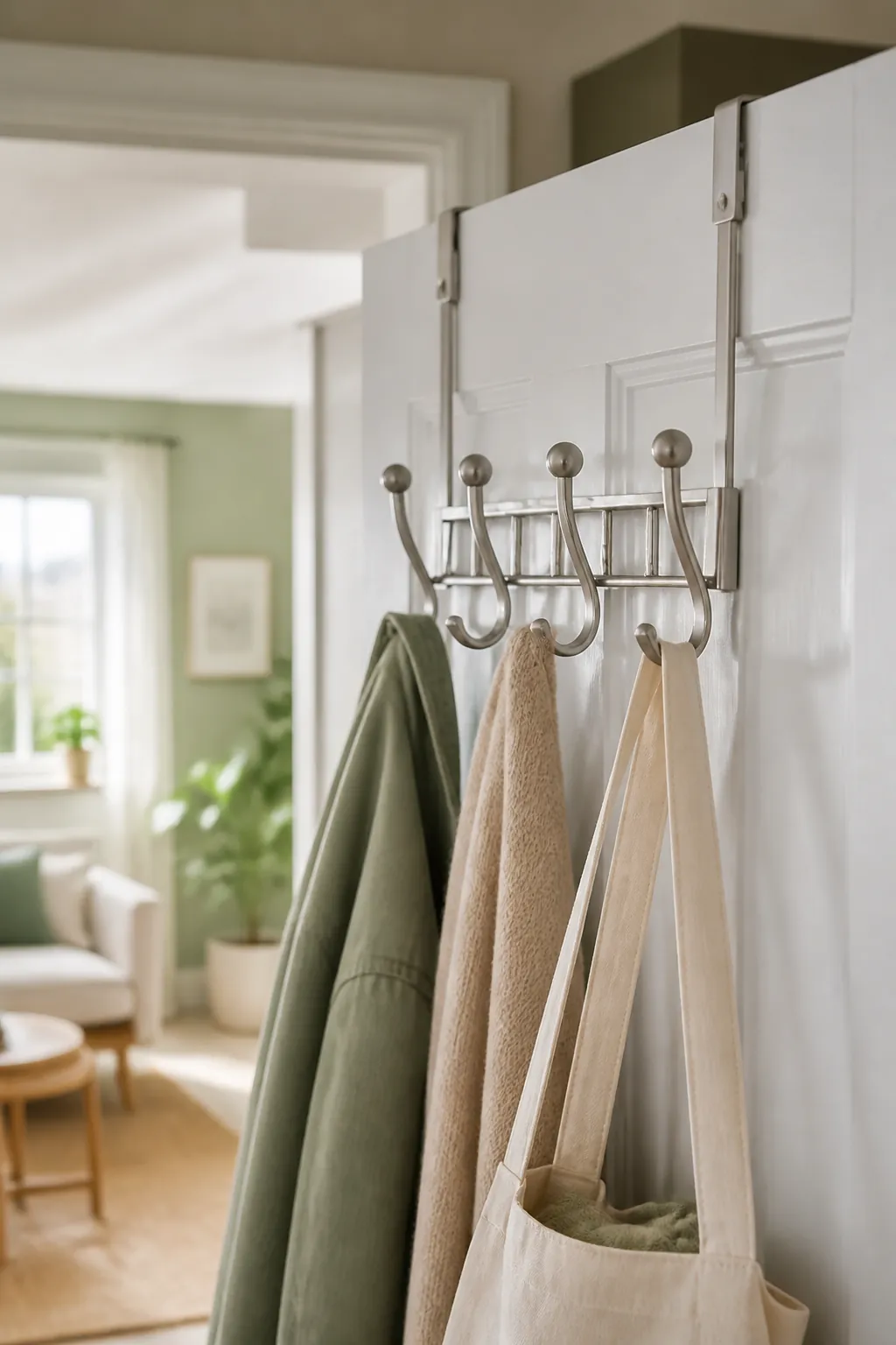 An over-the-door hook rack on a coat closet door holding jackets, a scarf, and a canvas tote bag