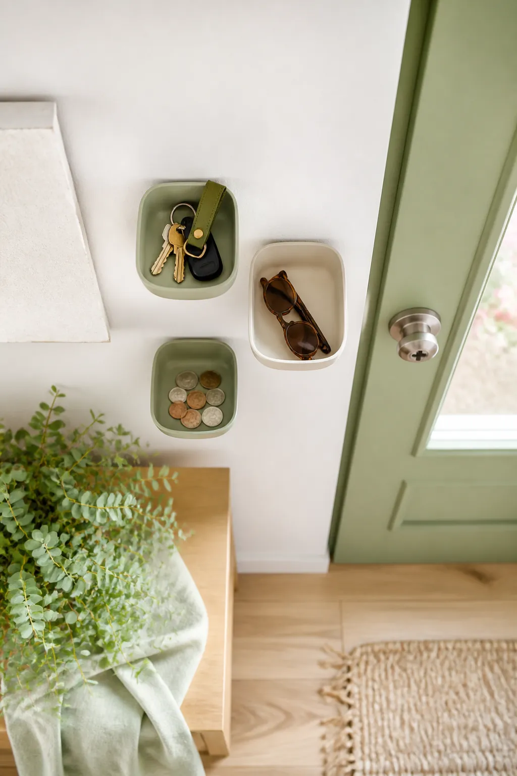 Small adhesive wall storage cups mounted by a front door holding keys, sunglasses, and loose change