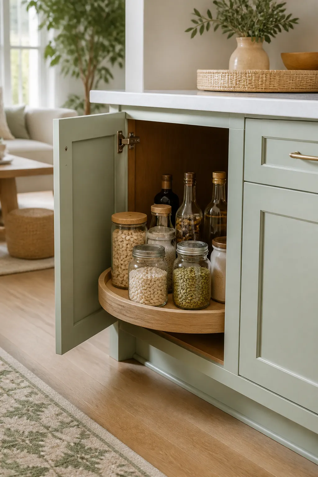 A round turntable organizer inside a deep blind corner cabinet holding jars and bottles within reach