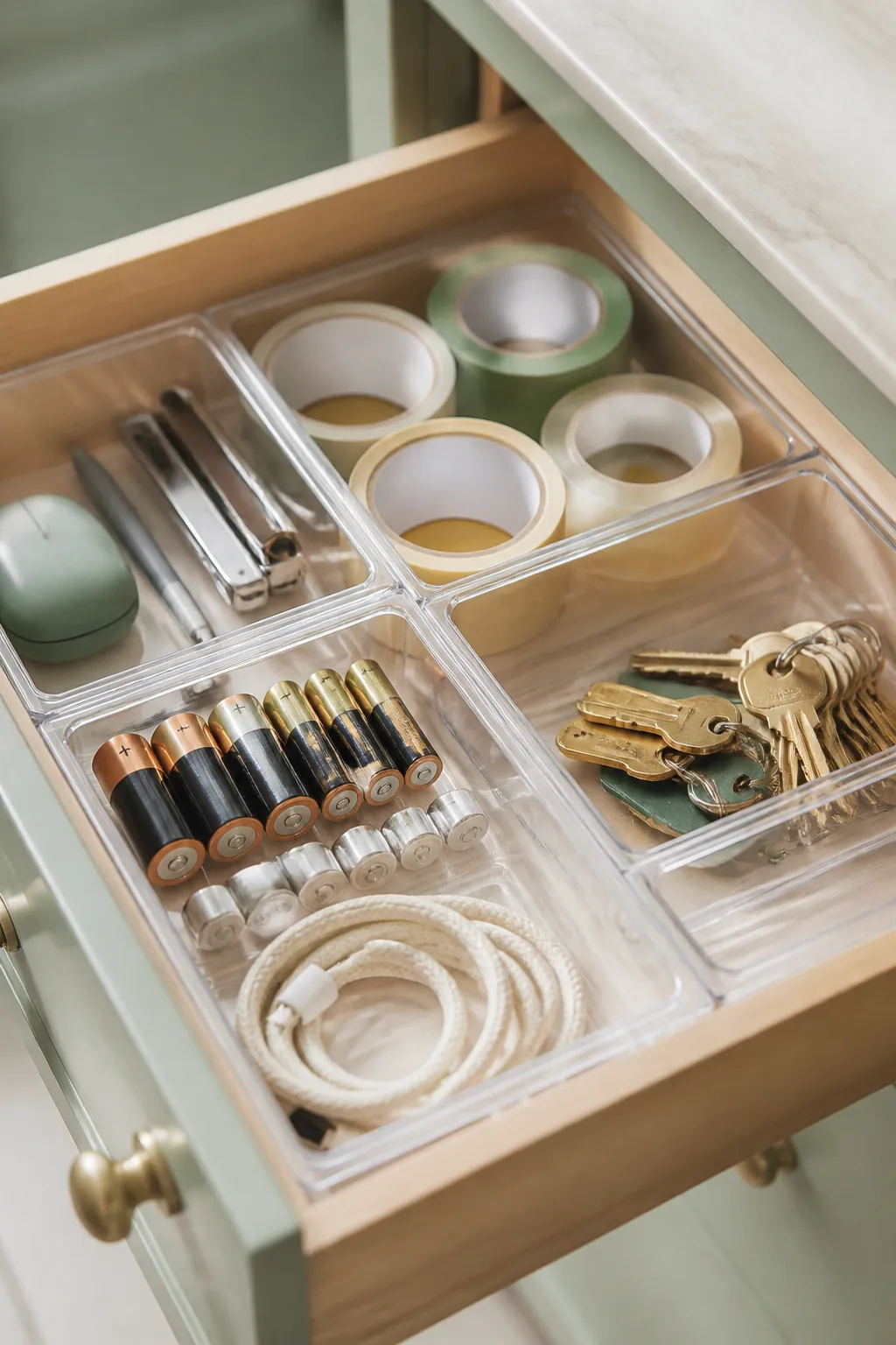 A clear drawer organizer tray set inside an open kitchen drawer separating batteries, tape, and spare keys