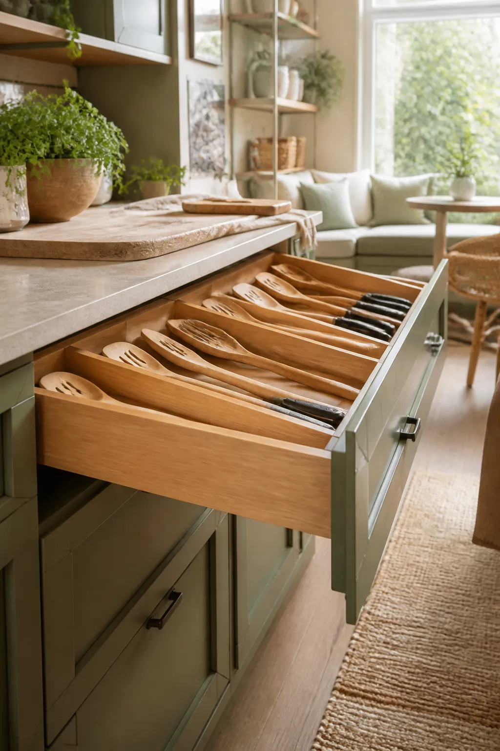 Bamboo drawer dividers expanded across a wide kitchen drawer, separating spatulas and knives into angled slots