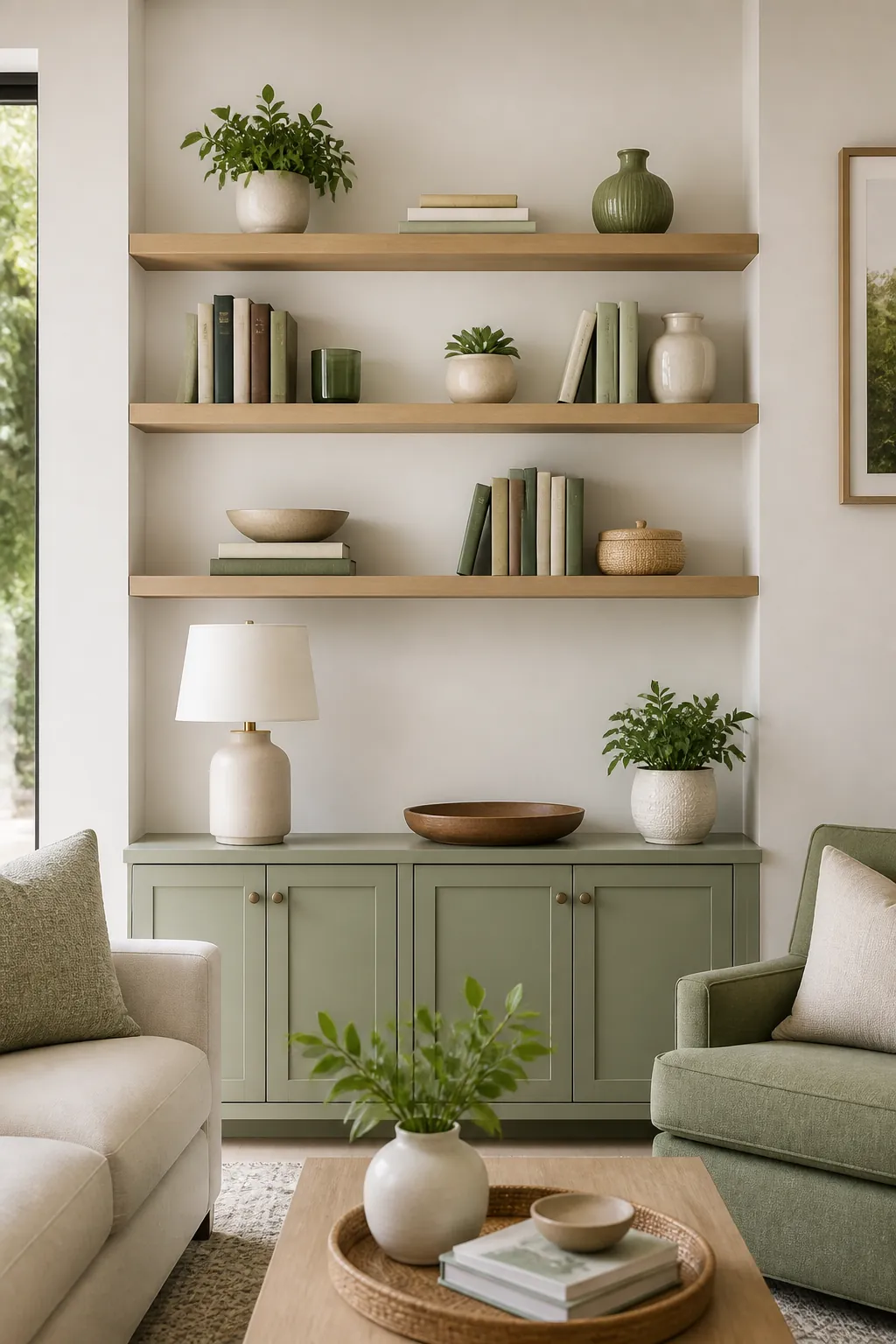Three floating wall shelves mounted above a living room console holding books and a small potted plant