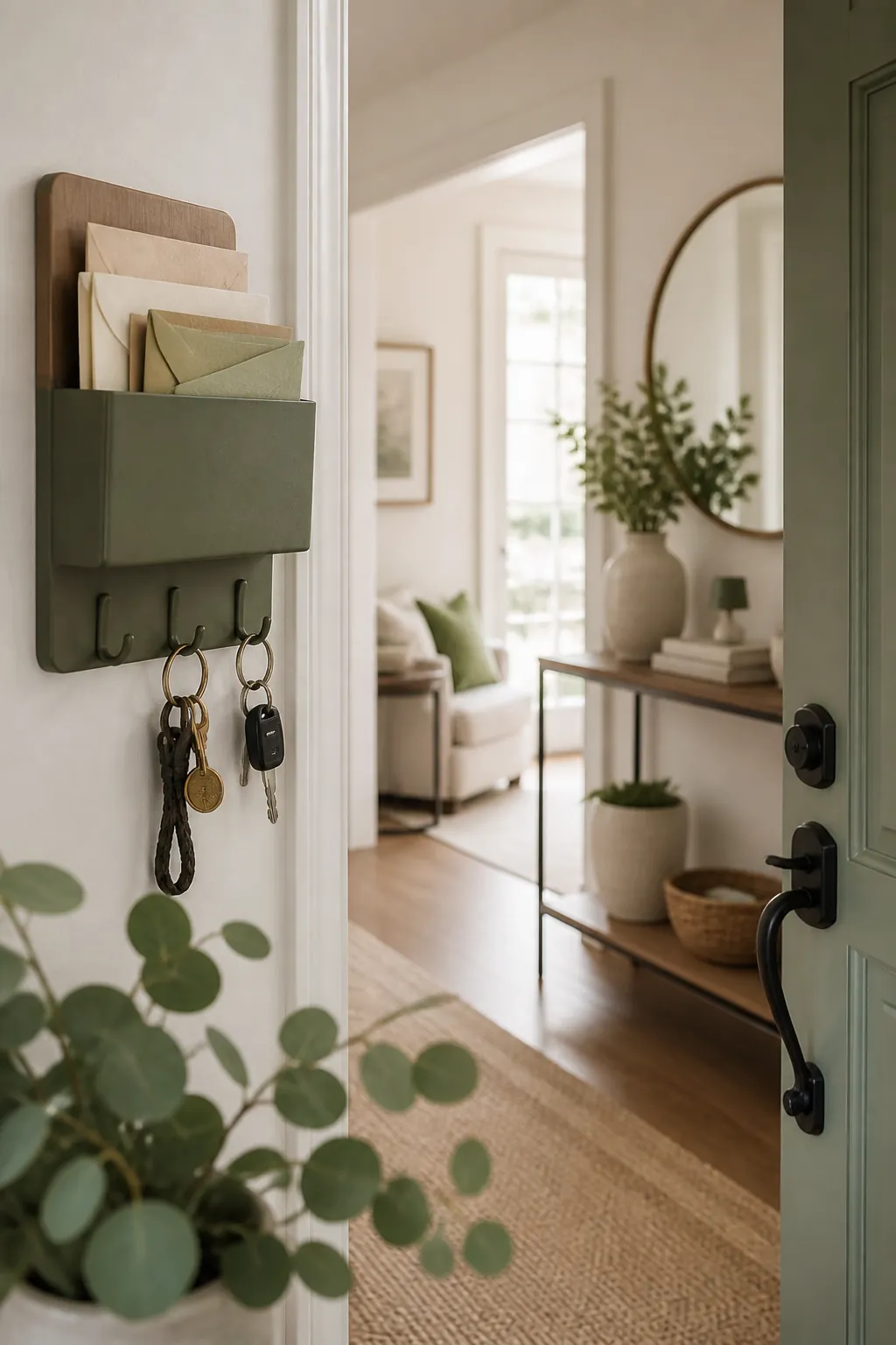 A wall-mounted key and mail organizer beside a front door holding envelopes in its tray and keys on hooks