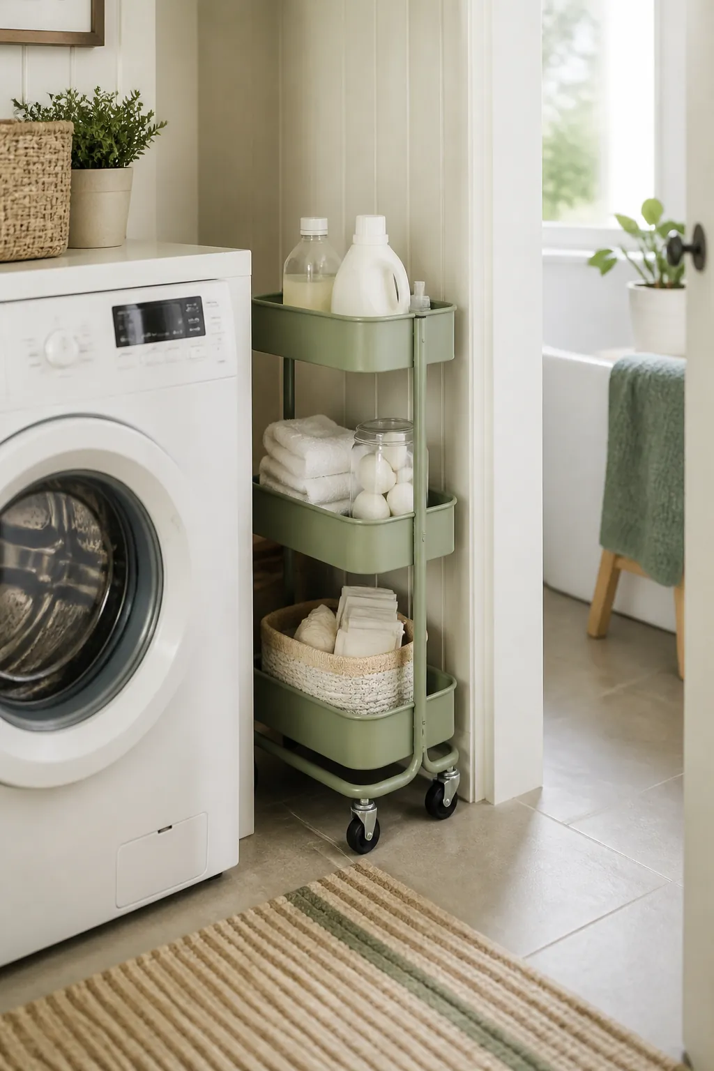 A 3-tier rolling storage cart in a narrow gap beside a washing machine holding detergent and dryer sheets