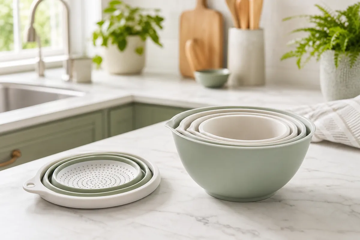 A collapsible colander folded flat beside nesting mixing bowls stacked into one another on a small counter