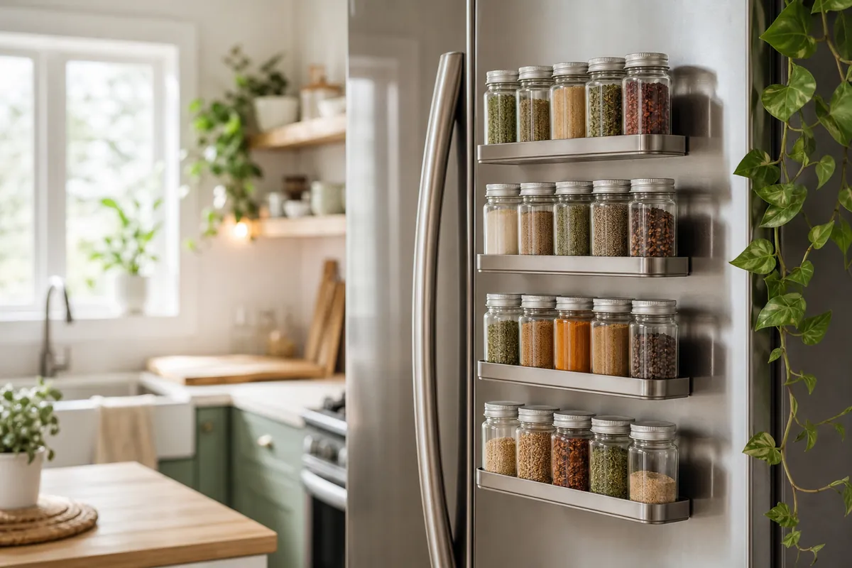 A magnetic spice rack mounted on the side of a fridge holding jars in rows off the counter