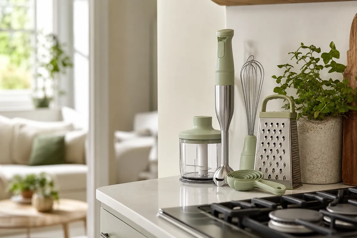 Compact multi-use cooking tools grouped on a small counter, taking little space beside the hob