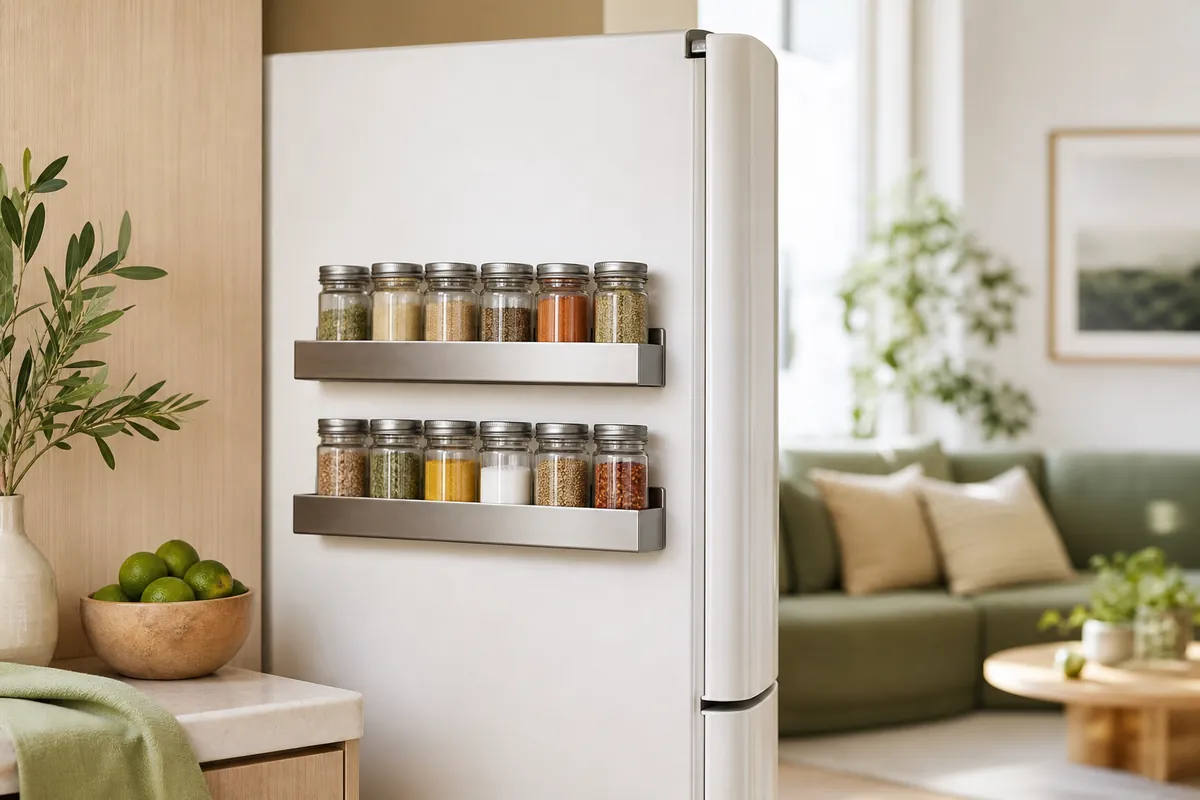 Magnetic spice rack on the side of a white fridge holding small glass jars, a no-drill spice organization idea for renters