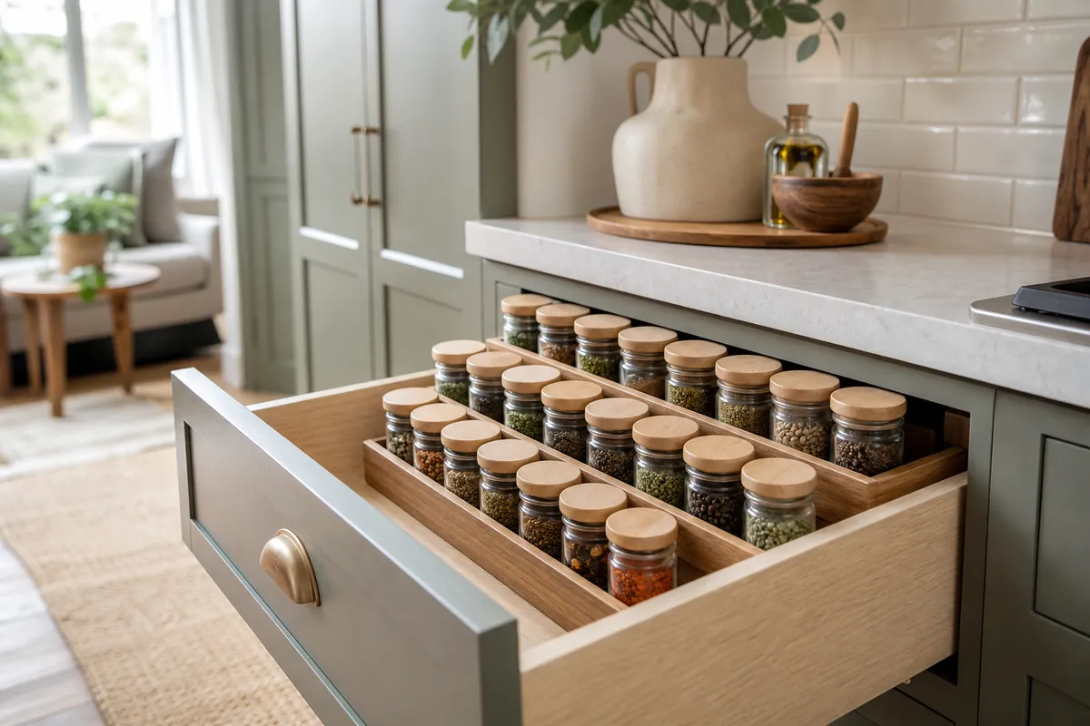 Open drawer with a tiered insert holding rows of labeled spice jars, drawer spice organization in a small kitchen