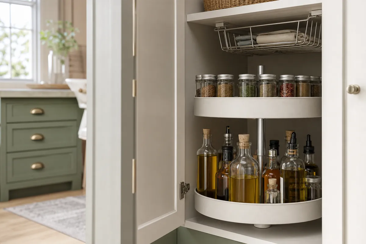 Two-tier turntable and under-shelf basket in a deep cabinet, cabinet spice organization for tall bottles and small jars