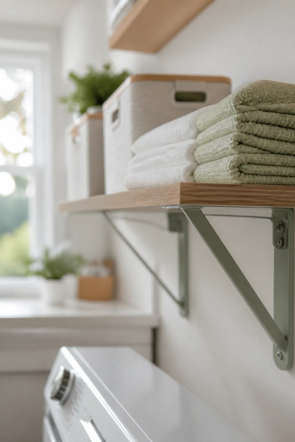 A shelf mounted on the wall above a stacked dryer, holding folded towels and a few labeled bins.