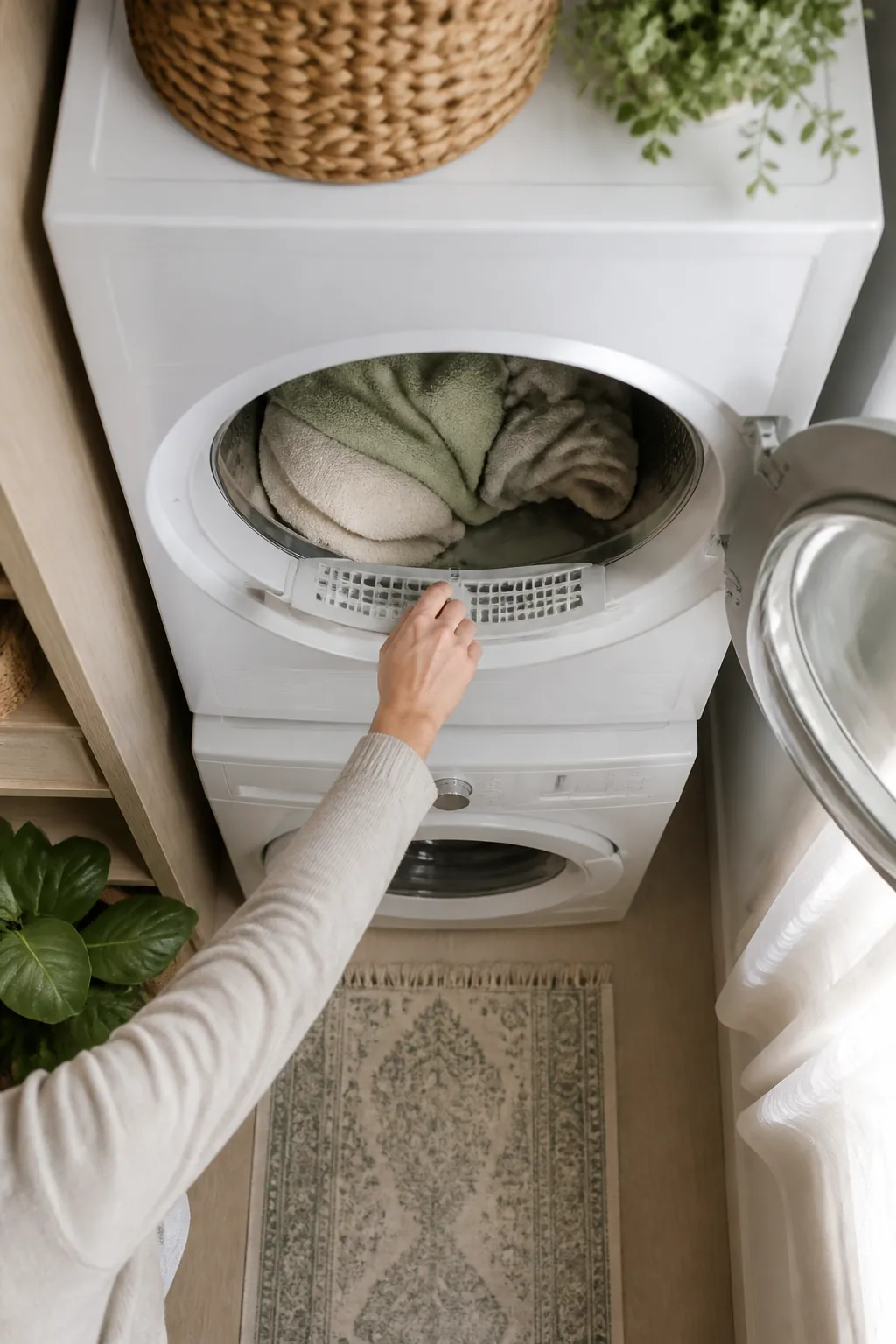 A stacked dryer's front-load door open, a hand reaching in toward the lint trap at the top.
