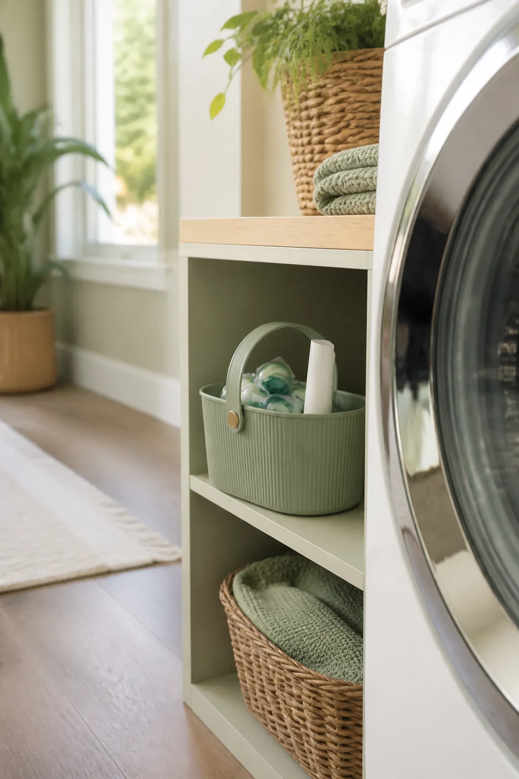 A handled caddy holding detergent pods and a stain stick on a low shelf beside a washer door.