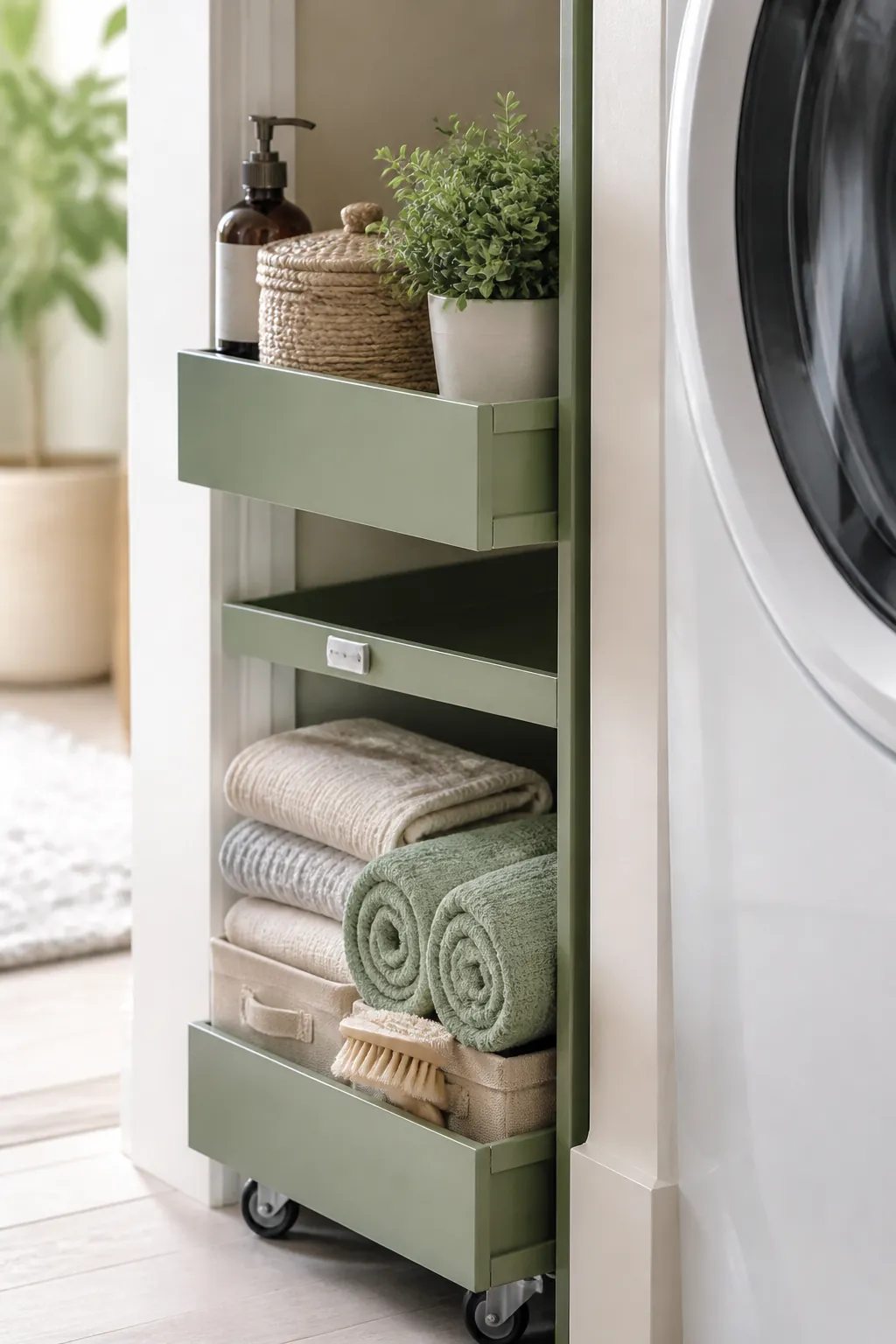 A slim rolling cart pulled partway out of a narrow gap beside a stacked washer and dryer.