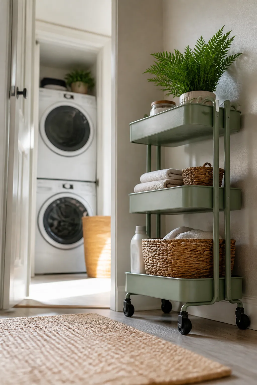 A rolling cart standing against a hallway wall just outside a laundry closet with stacked machines inside.