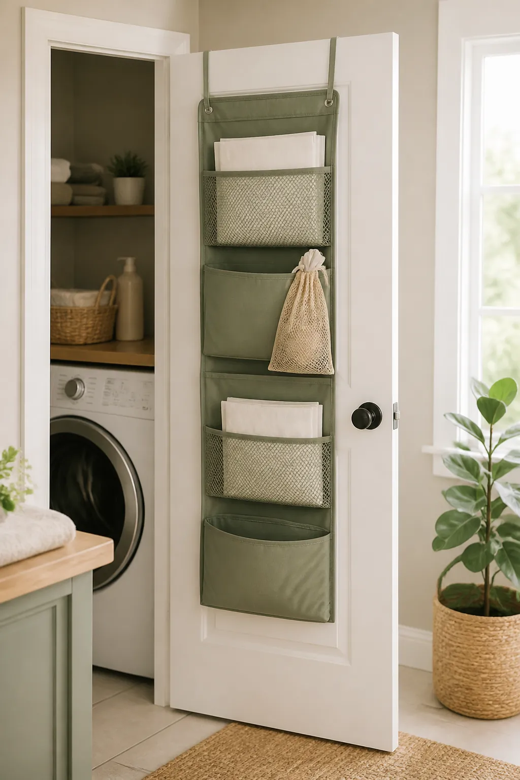 An over-the-door organizer with pockets on a closet door, holding dryer sheets and a small mesh bag.