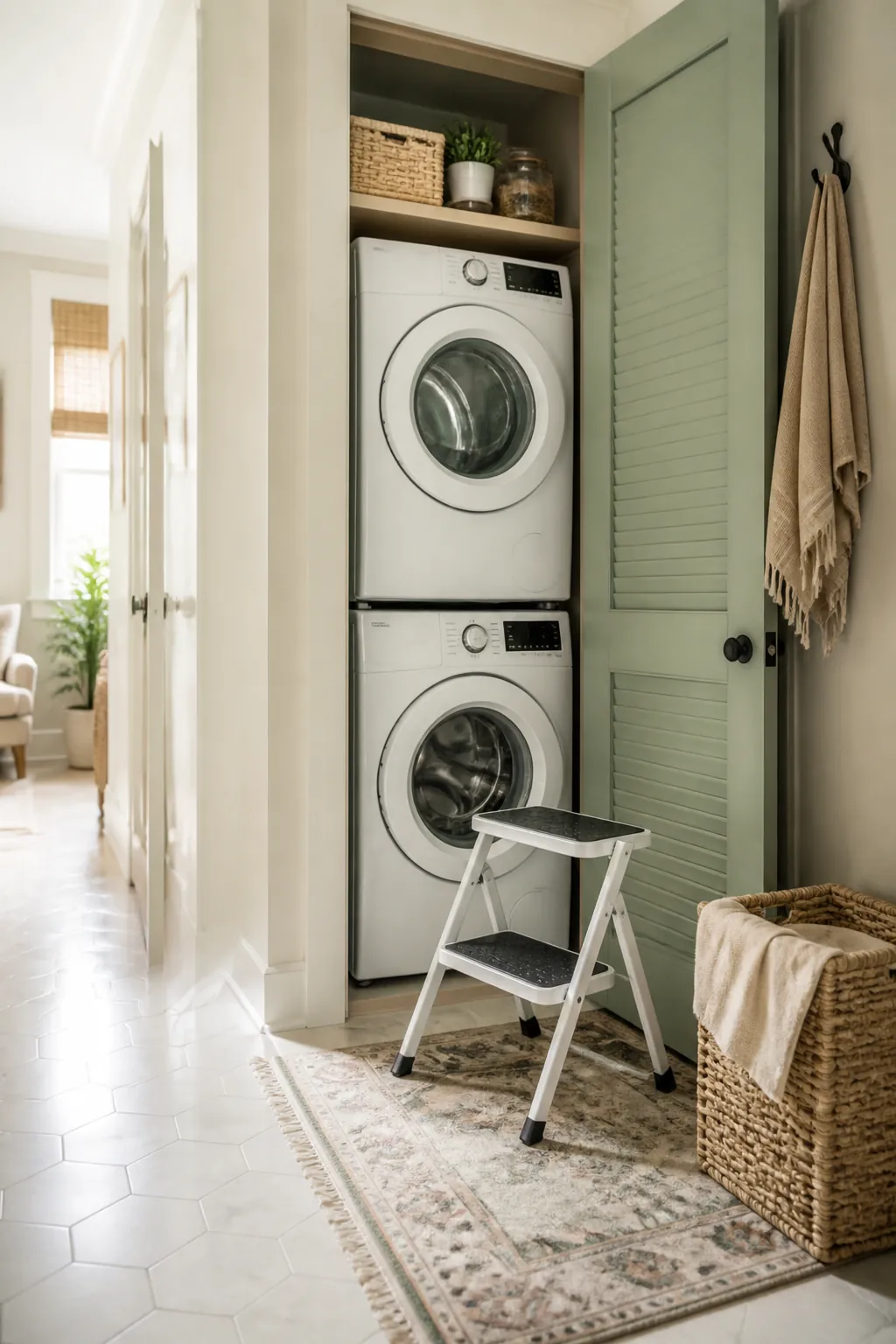 A small folding step stool standing open beside a stacked washer and dryer closet's overhead shelf.
