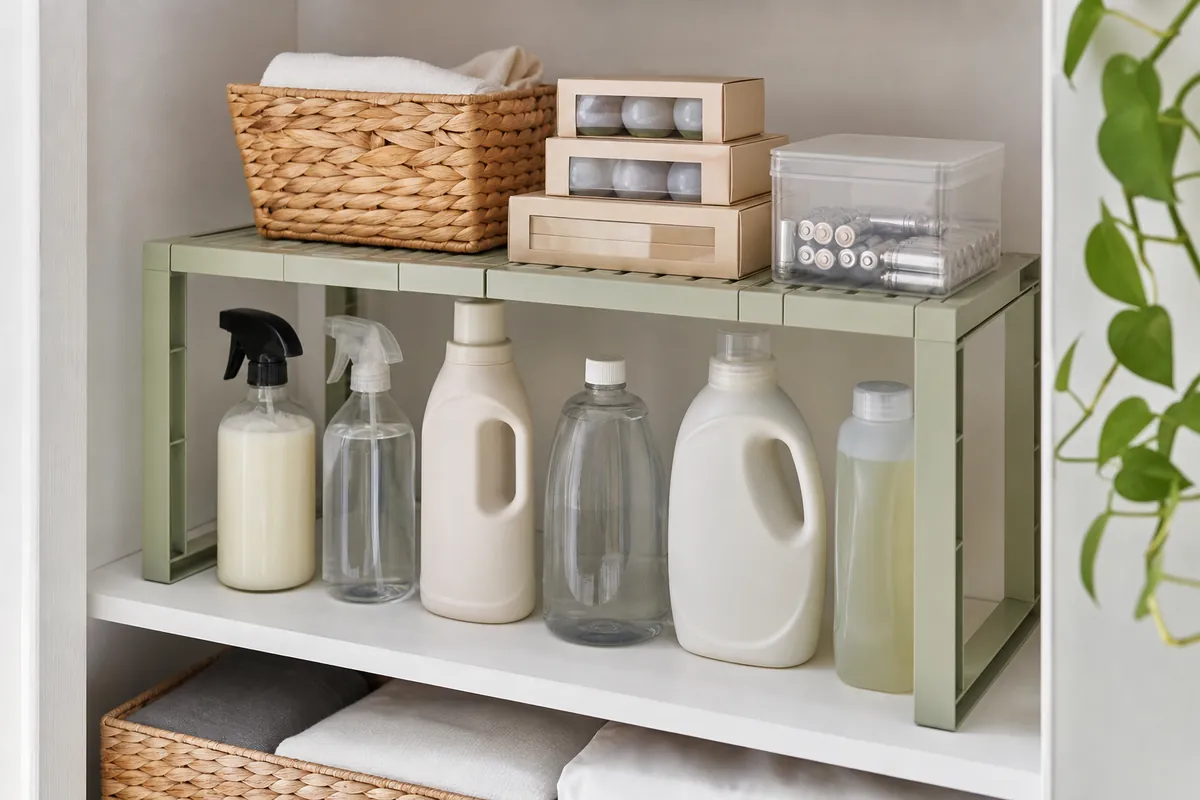 An expandable shelf riser doubling a storage closet shelf, with cleaning supplies below and spare bulbs and batteries above