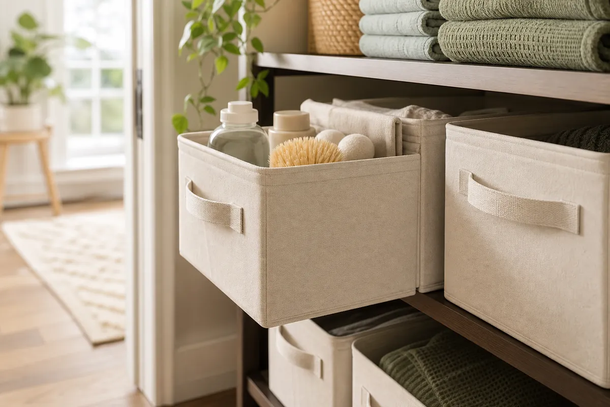 Fabric storage bins with handles lined up on a closet shelf, one pulled forward to show it works like a drawer