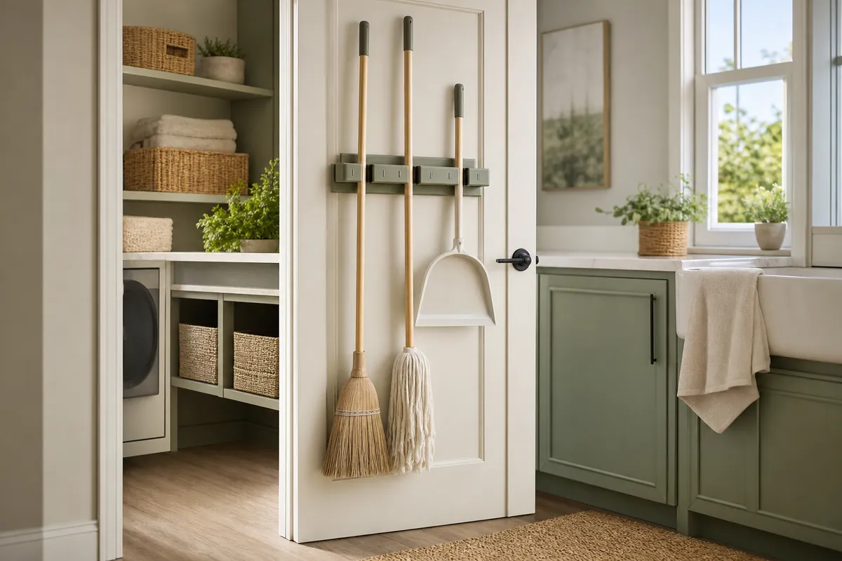 A wall-mounted broom and supply organizer on the inside of a closet door holding a broom, mop and dustpan clear of the floor