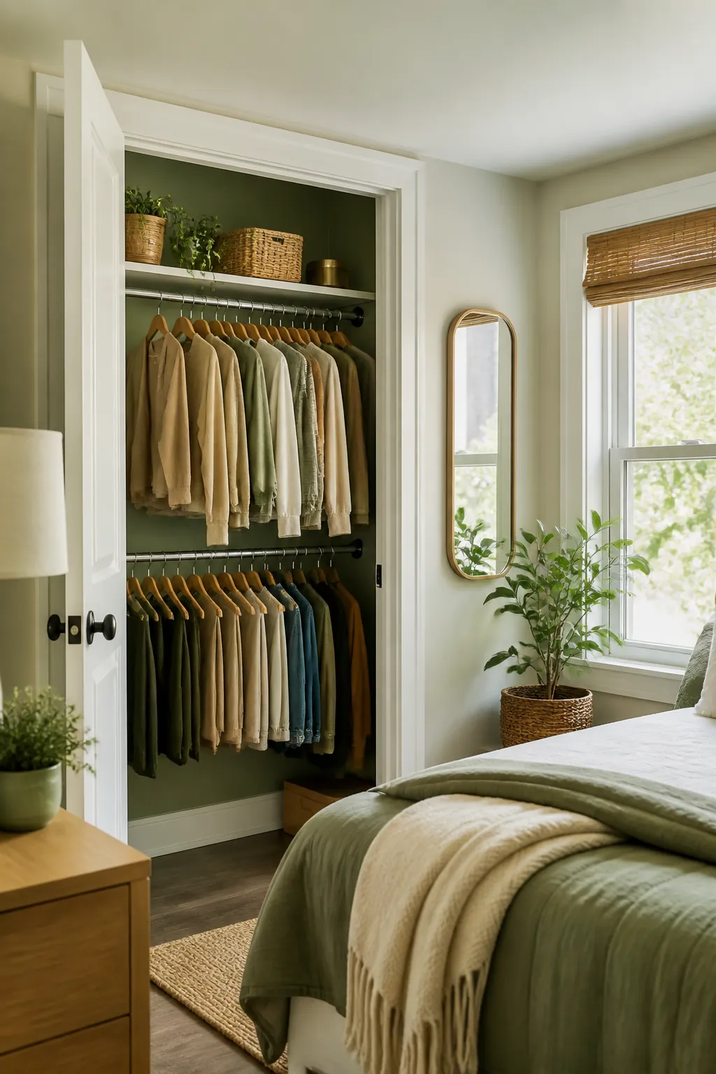 A closet rod doubler clamped onto a closet rod, adding a lower rod hung with shirts and folded pants