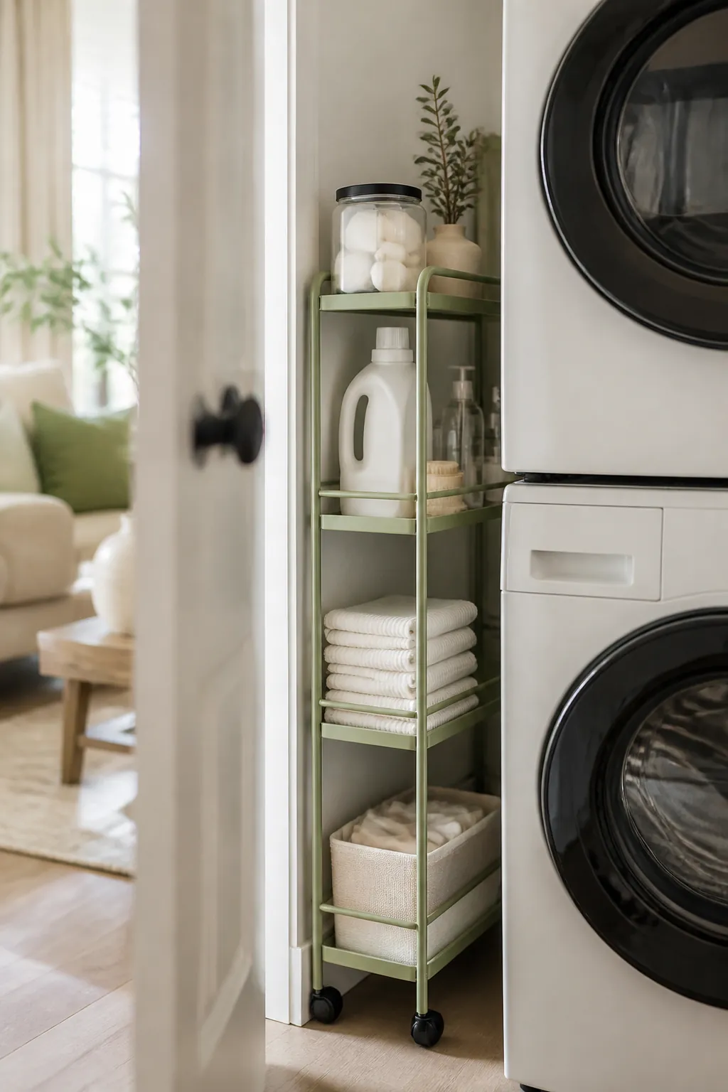 A slim rolling laundry cart wedged beside a stacked washer and dryer, holding detergent and dryer sheets