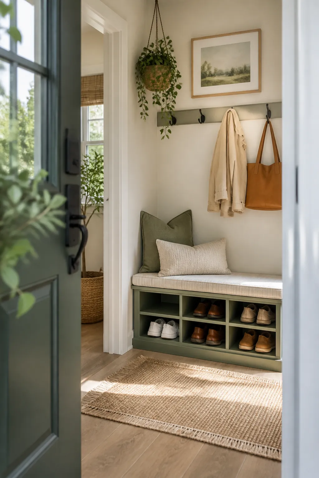 A narrow entryway bench with shoe storage against a wall by the front door, shoes in cubbies below