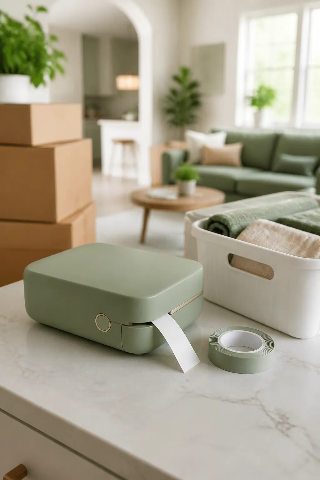 A label maker on a counter next to a freshly labeled storage bin and a stack of moving boxes