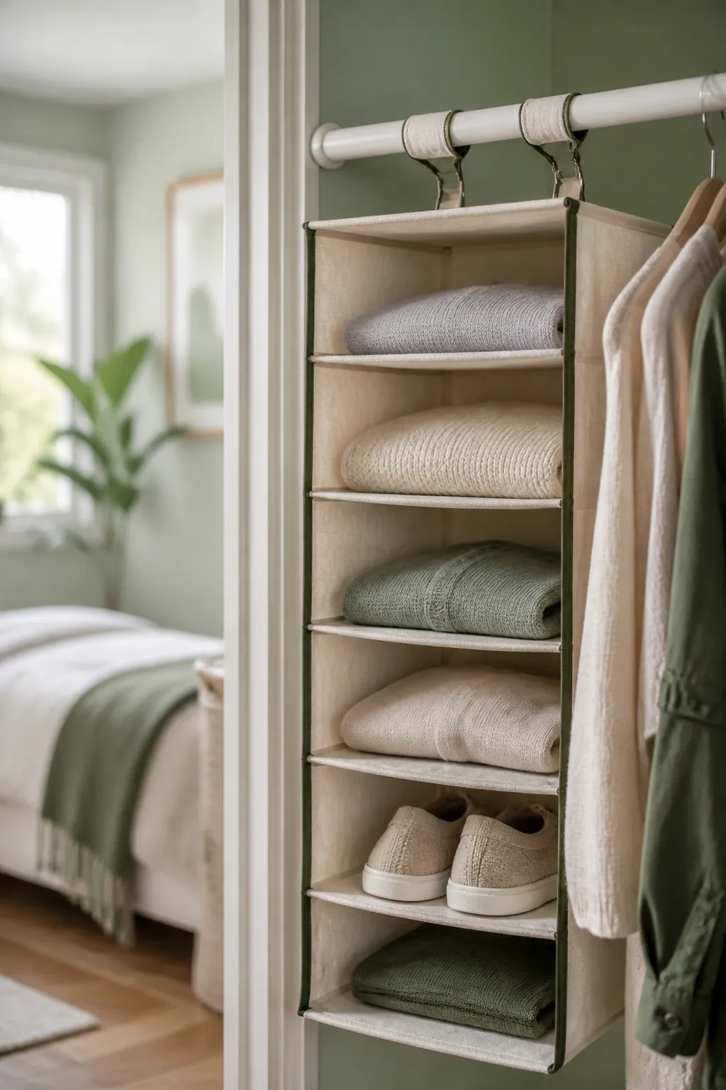 A hanging closet organizer with six canvas shelves clipped over a rod, folded sweaters and shoes inside